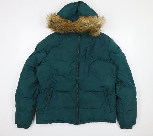 SoulCal & Co Mens Green Puffer Jacket M Hooded Fur Trim Winter Coat
