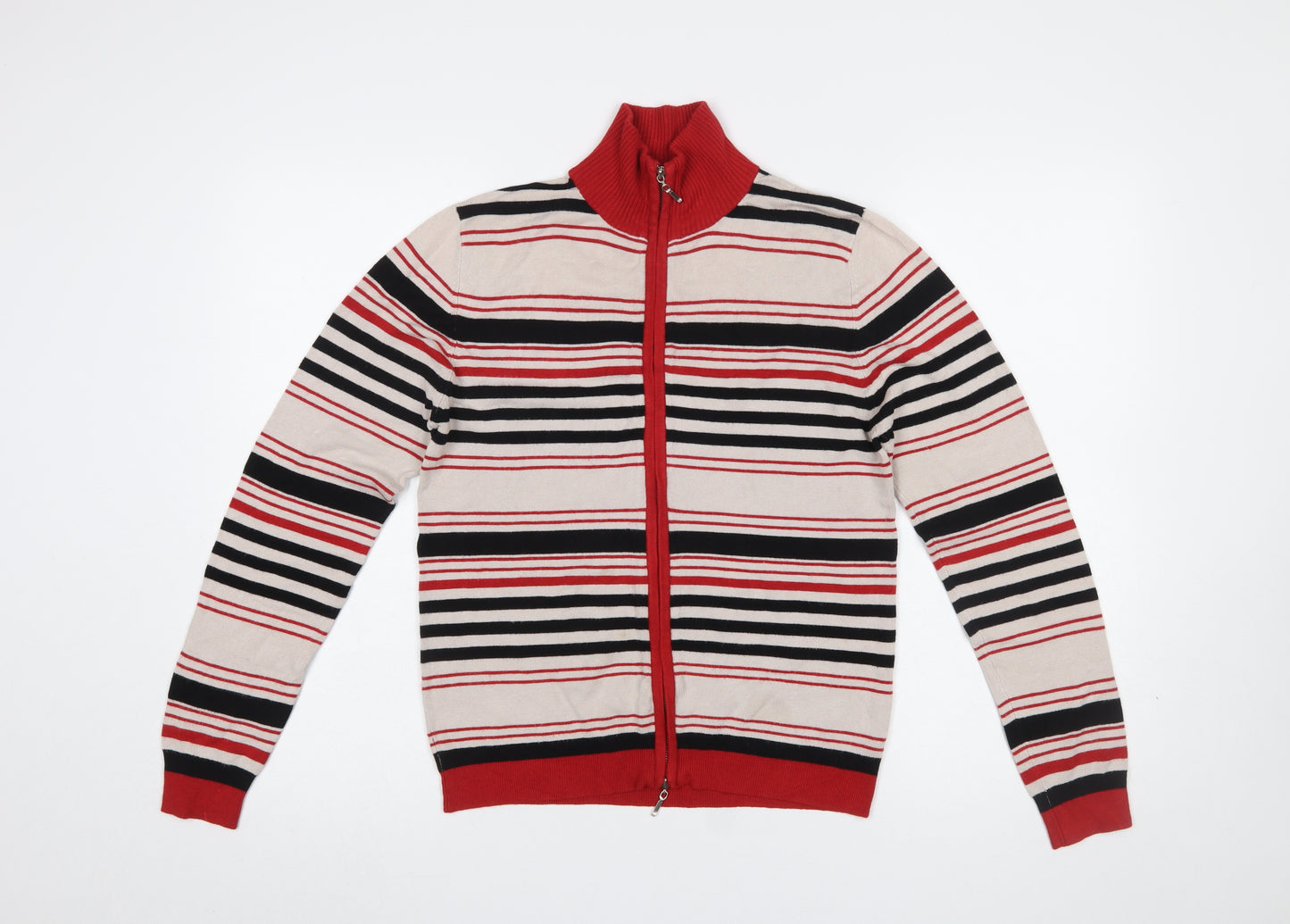 Sasha Women’s Beige Red Striped Full Zip Cardigan Jumper M