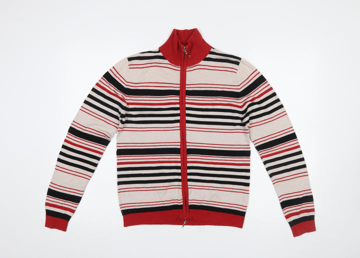 Sasha Women’s Beige Red Striped Full Zip Cardigan Jumper M