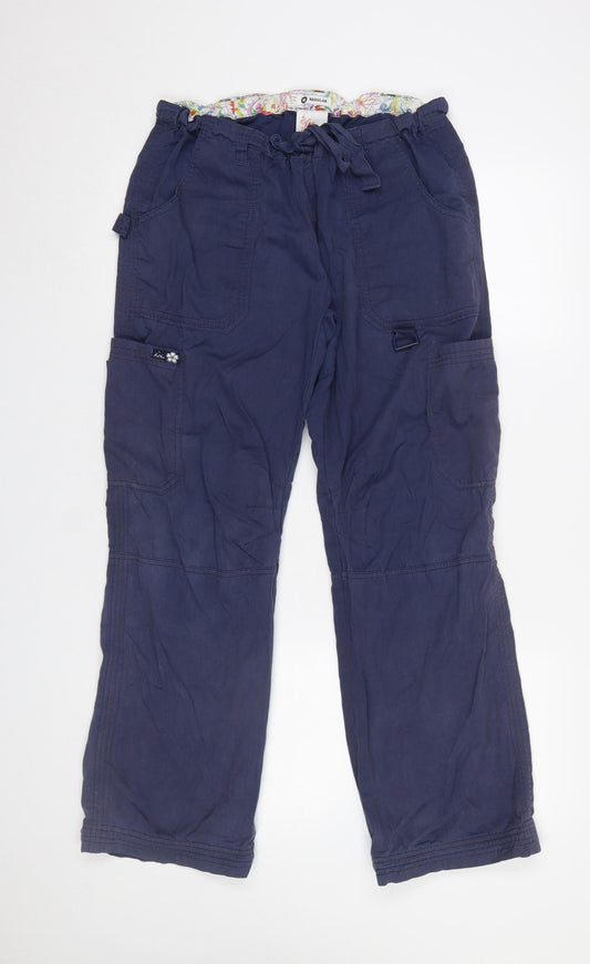Koi Women Blue Cargo Trousers M Regular Cotton Blend Drawstring Workwear