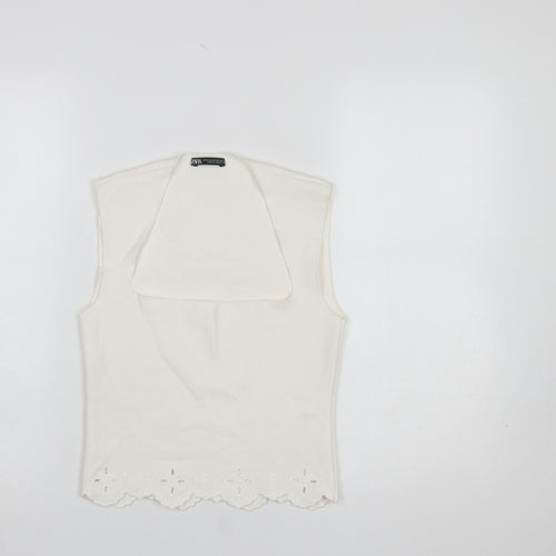 Zara Women Ivory Sleeveless Collared Embroidered Camisole Blouse M
