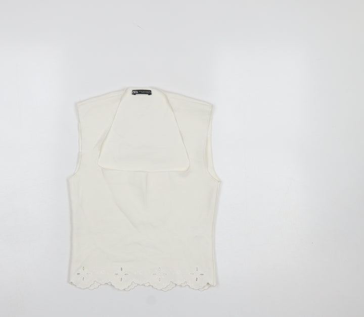 Zara Women Ivory Sleeveless Collared Embroidered Camisole Blouse M