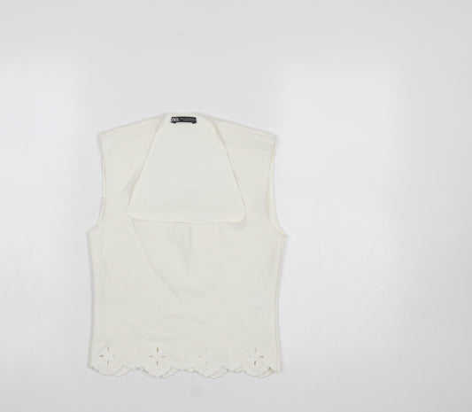 Zara Women Ivory Sleeveless Collared Embroidered Camisole Blouse M