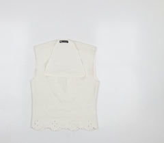 Zara Women Ivory Sleeveless Collared Embroidered Camisole Blouse M