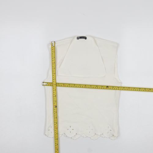 Zara Women Ivory Sleeveless Collared Embroidered Camisole Blouse M