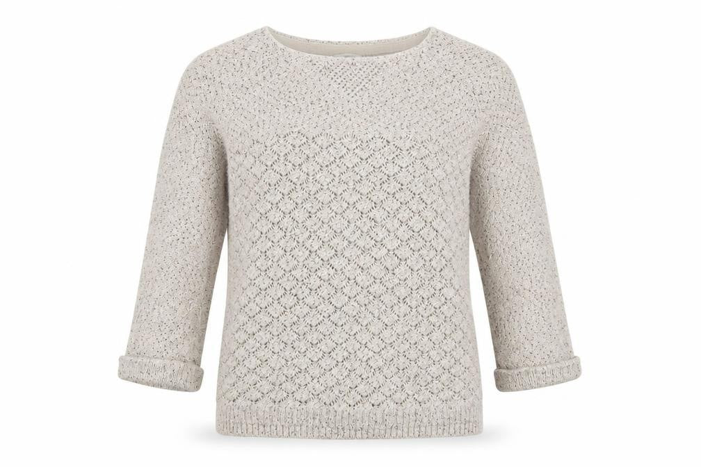 Front view of FatFace Women’s Ivory Cotton Knit Jumper, size UK 12, Crew Neck Pullover