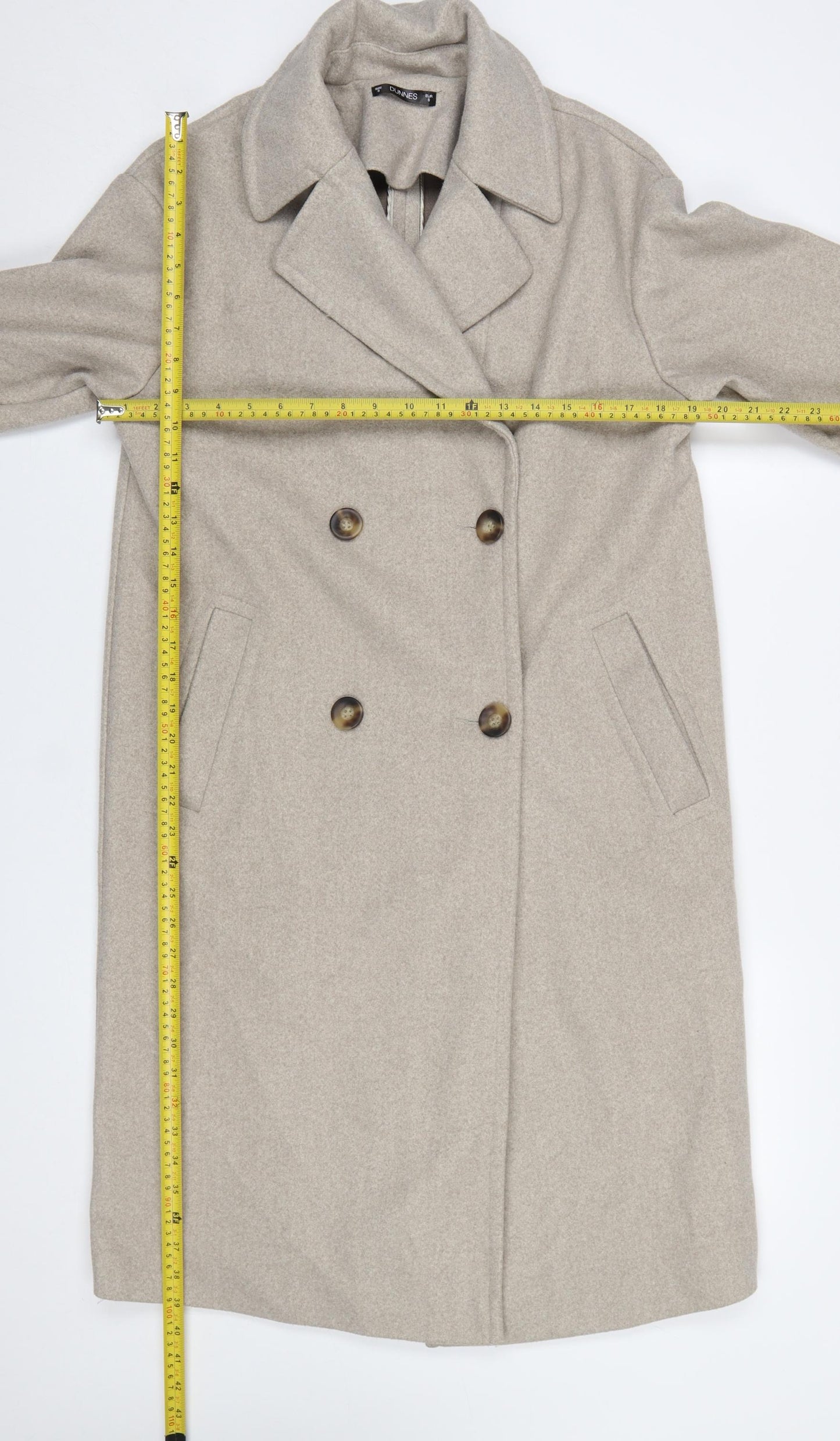 Dunnes Women’s Beige Long Overcoat Size S Classic Buttoned Style