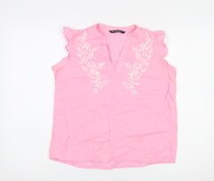 Dunnes Women Pink Embroidered Floral Sleeveless Tunic Blouse Size S