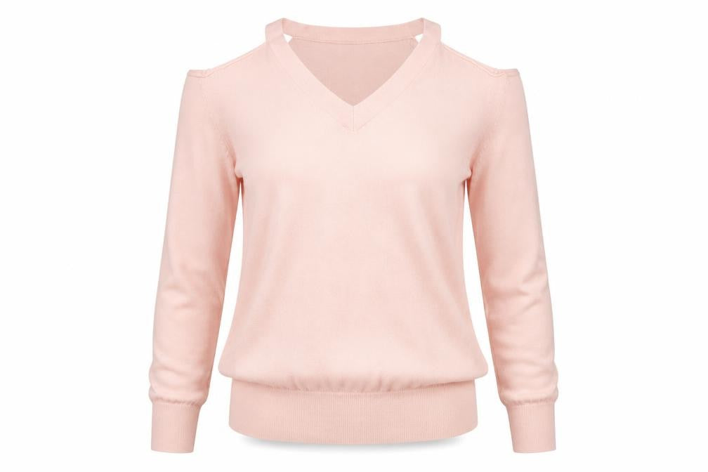 Front view of Warehouse Women’s Pink Cold Shoulder V-Neck Jumper, size UK 10