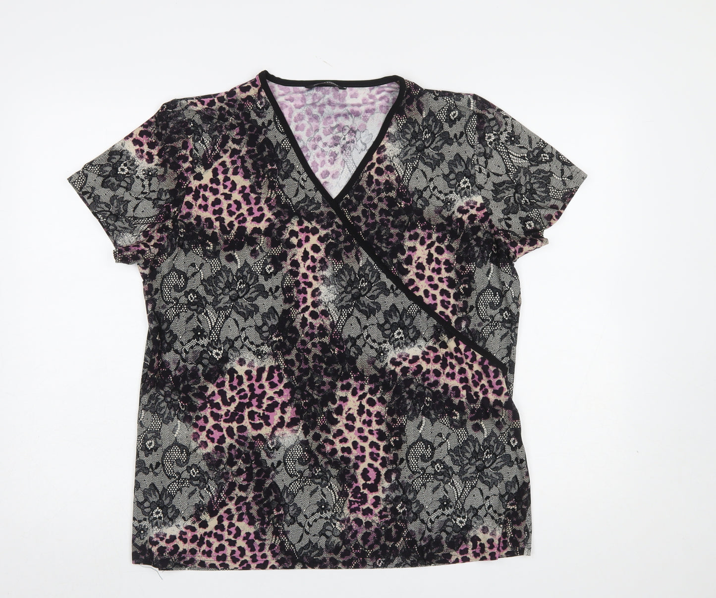 Dunnes Stores Womens Black Pink Animal Print Wrap Top Size 18