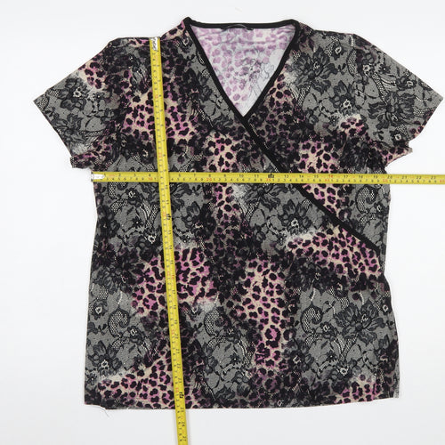 Dunnes Stores Womens Black Pink Animal Print Wrap Top Size 18