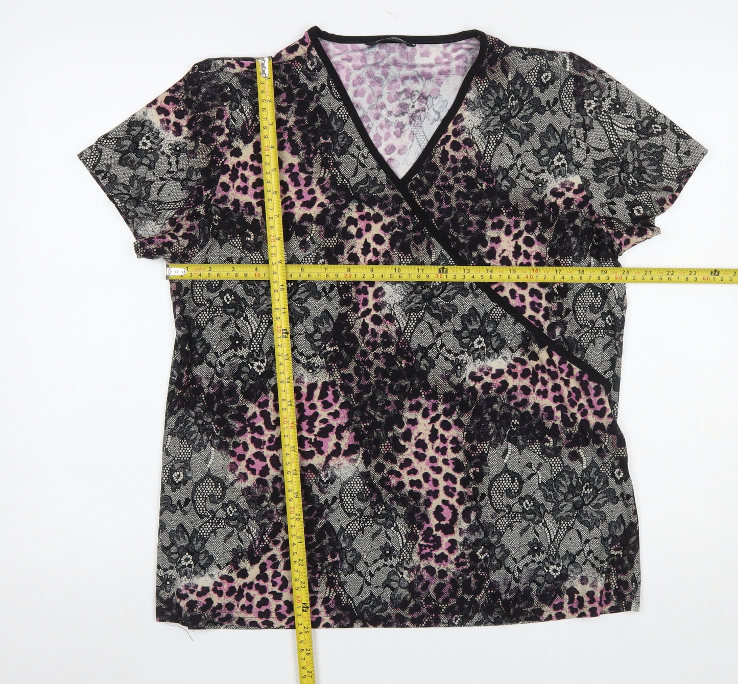 Dunnes Stores Womens Black Pink Animal Print Wrap Top Size 18