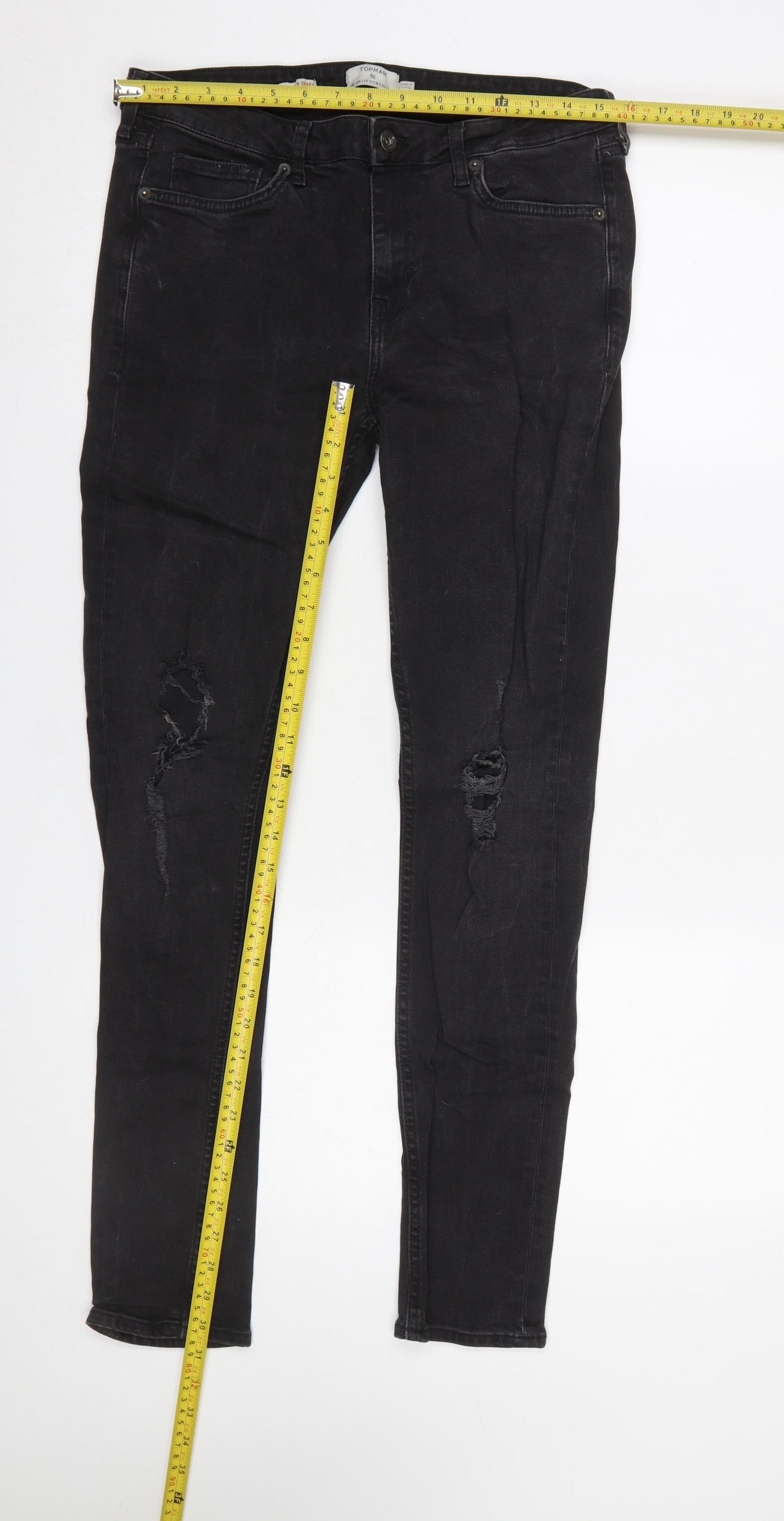 Topman Men's Black Skinny Distressed Jeans 32R Slim Fit Denim