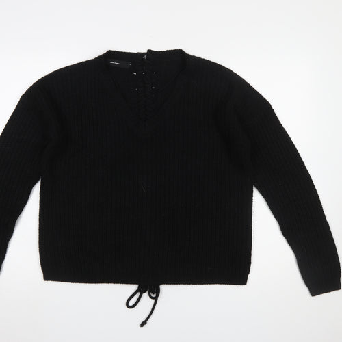 Vero Moda Women’s Black Chunky-Knit V-Neck Lace Up Jumper Size S