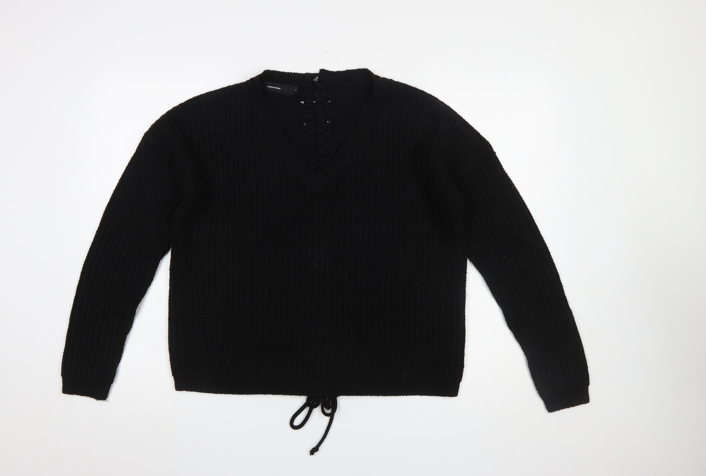 Vero Moda Women’s Black Chunky-Knit V-Neck Lace Up Jumper Size S
