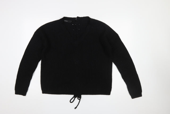 Vero Moda Women’s Black Chunky-Knit V-Neck Lace Up Jumper Size S