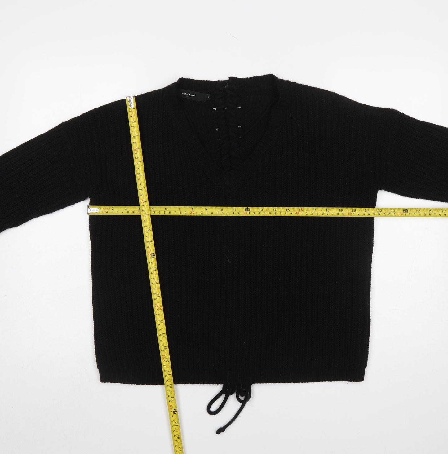 Vero Moda Women’s Black Chunky-Knit V-Neck Lace Up Jumper Size S