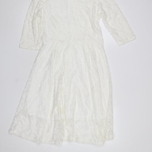 Allandwell Womens White Lace Fit & Flare Dress M 3/4 Sleeve Wedding Party