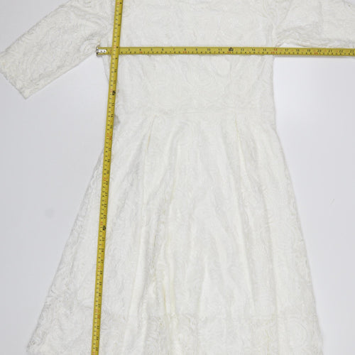 Allandwell Womens White Lace Fit & Flare Dress M 3/4 Sleeve Wedding Party