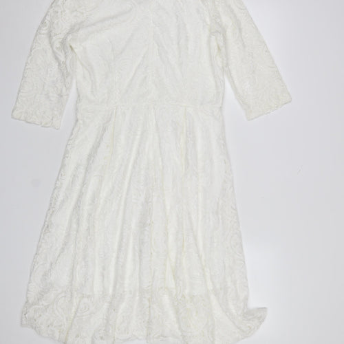 Allandwell Womens White Lace Fit & Flare Dress M 3/4 Sleeve Wedding Party
