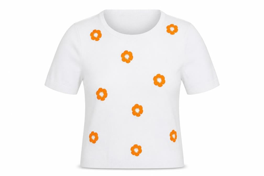 Front view of Savida Women's White Floral Embroidered Short Sleeve jumper, size 14