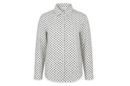 Front view of Mango Women’s White Geometric Button-Up Long Sleeve Shirt, size UK 12