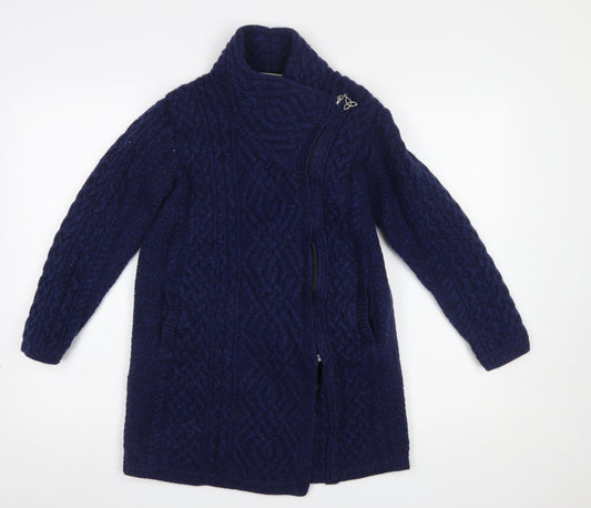 Aran Crafts Women Navy Cable-Knit Full Zip Merino Wool Cardigan S