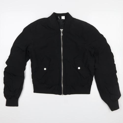 H&M Women Black Bomber Jacket Size 6 Polyester Lined Zip Short Casual