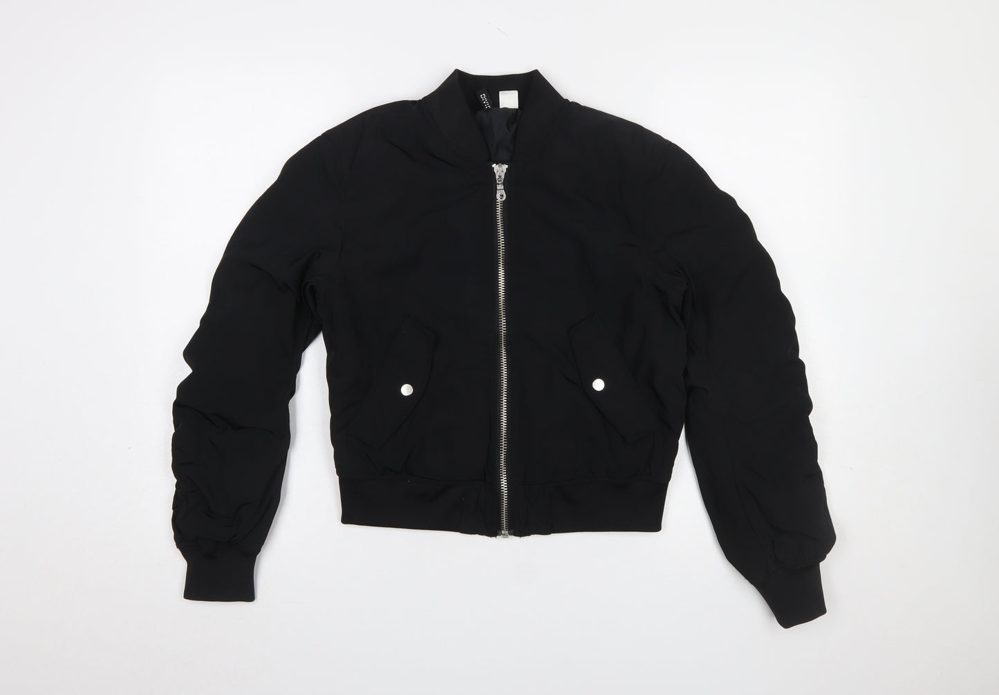 H&M Women Black Bomber Jacket Size 6 Polyester Lined Zip Short Casual