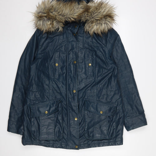 Marks and Spencer Women Blue Faux Fur Hooded Parka Coat Size 14