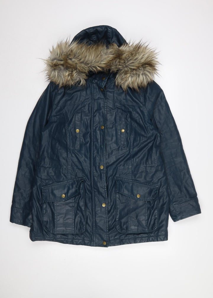 Marks and Spencer Women Blue Faux Fur Hooded Parka Coat Size 14