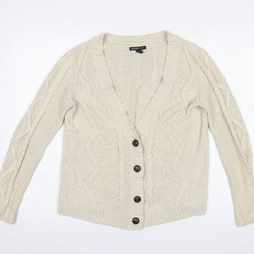 Mango Women Beige Cotton Cable-Knit V-Neck Cardigan Size 12