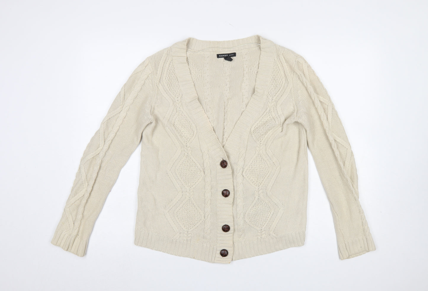 Mango Women Beige Cotton Cable-Knit V-Neck Cardigan Size 12