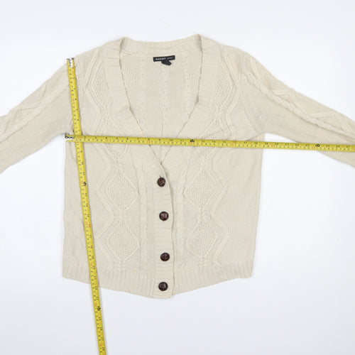 Mango Women Beige Cotton Cable-Knit V-Neck Cardigan Size 12