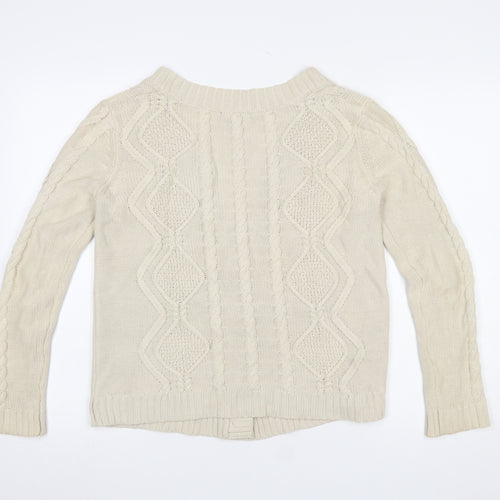 Mango Women Beige Cotton Cable-Knit V-Neck Cardigan Size 12