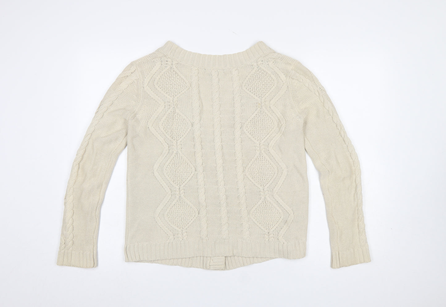 Mango Women Beige Cotton Cable-Knit V-Neck Cardigan Size 12