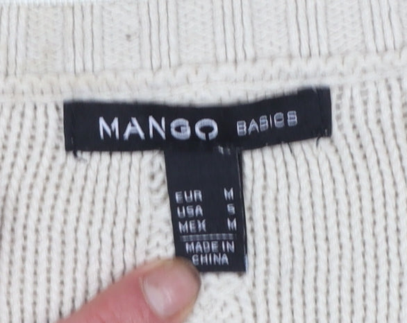 Mango Women Beige Cotton Cable-Knit V-Neck Cardigan Size 12