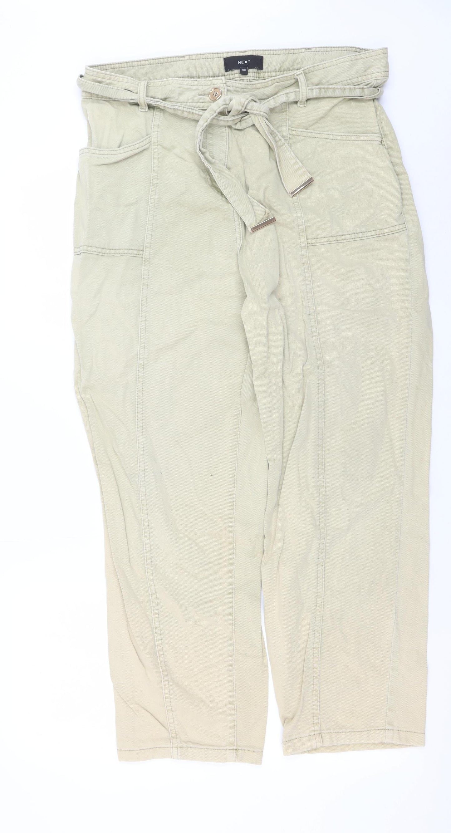 Next Women's Beige Paperbag High Waist Tapered Trousers Size 16