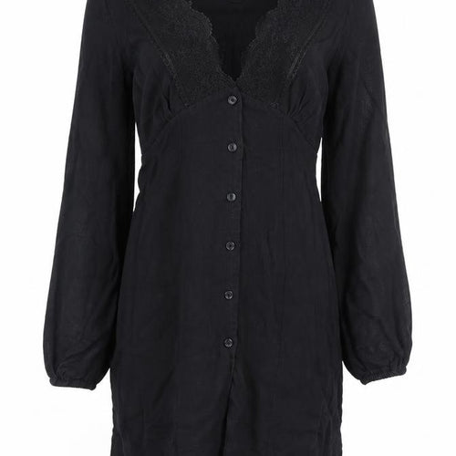 Zara Women Black XS Lace V-Neck Long Sleeve Shirt Dress