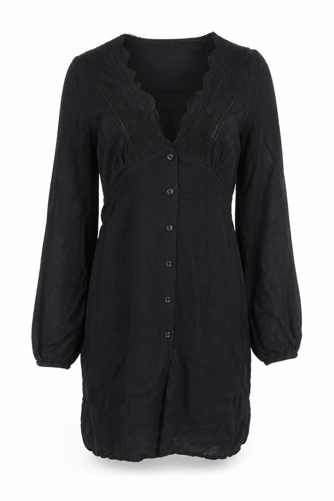 Zara Women Black XS Lace V-Neck Long Sleeve Shirt Dress