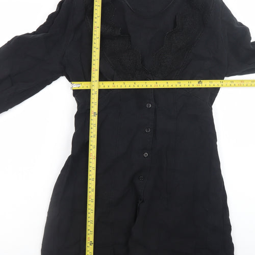Zara Women Black XS Lace V-Neck Long Sleeve Shirt Dress