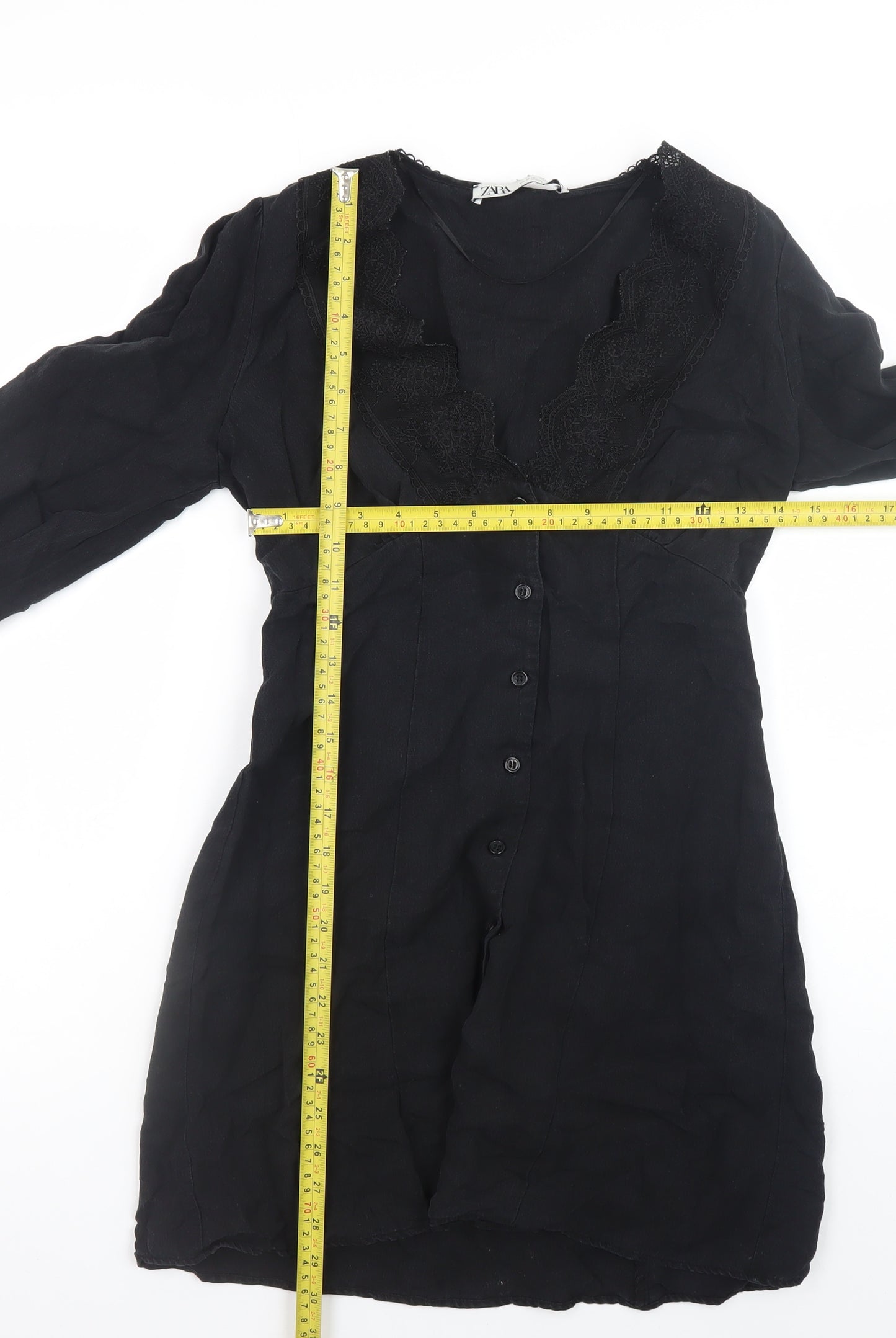 Zara Women Black XS Lace V-Neck Long Sleeve Shirt Dress