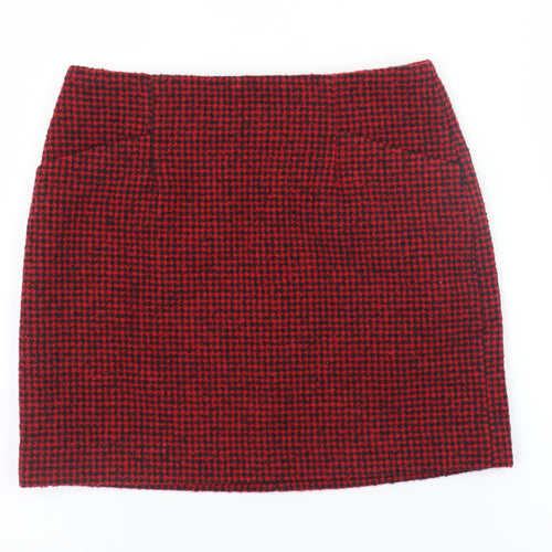 MNG Women's Red Houndstooth Wool Blend Short Pencil Skirt Size S