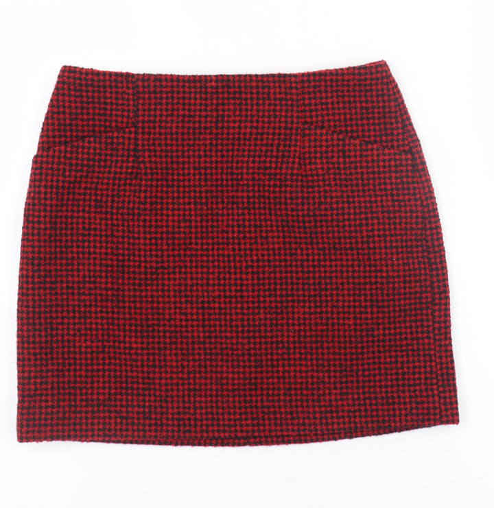 MNG Women's Red Houndstooth Wool Blend Short Pencil Skirt Size S
