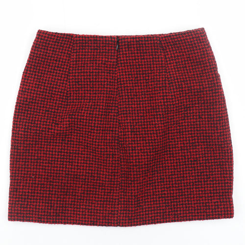 MNG Women's Red Houndstooth Wool Blend Short Pencil Skirt Size S