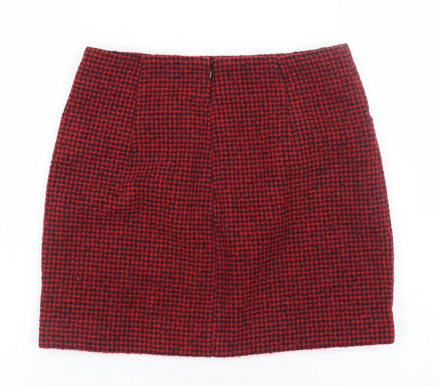 MNG Women's Red Houndstooth Wool Blend Short Pencil Skirt Size S