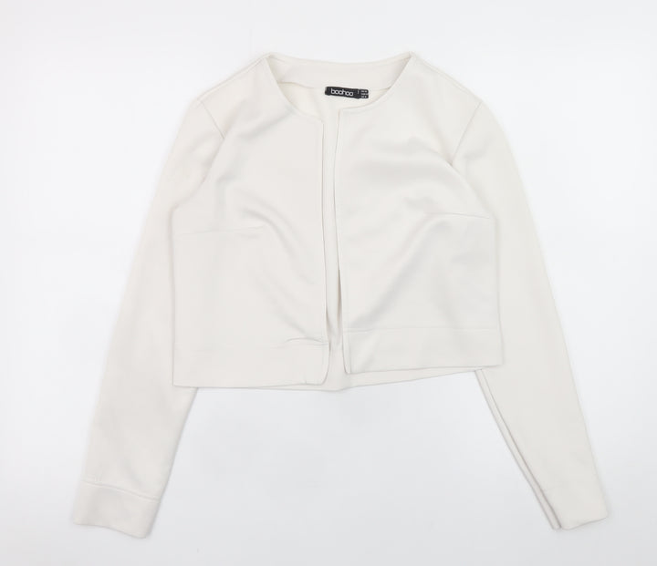 Boohoo Women's Ivory Cropped Blouse UK 12 Long Sleeve Jersey Top