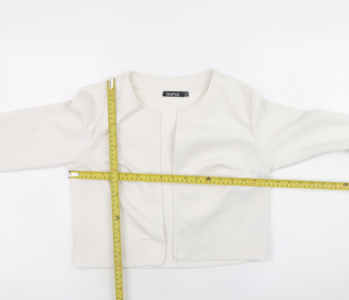 Boohoo Women's Ivory Cropped Blouse UK 12 Long Sleeve Jersey Top