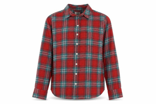 Front view of FatFace men’s red check flannel button-up shirt, size 16