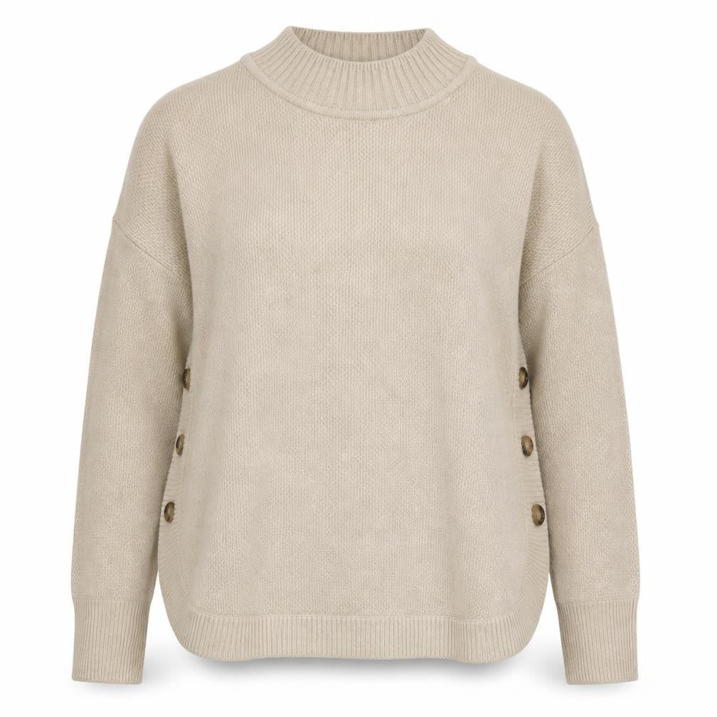 Front view of Warehouse women’s beige mock neck button side knit jumper, size UK 6